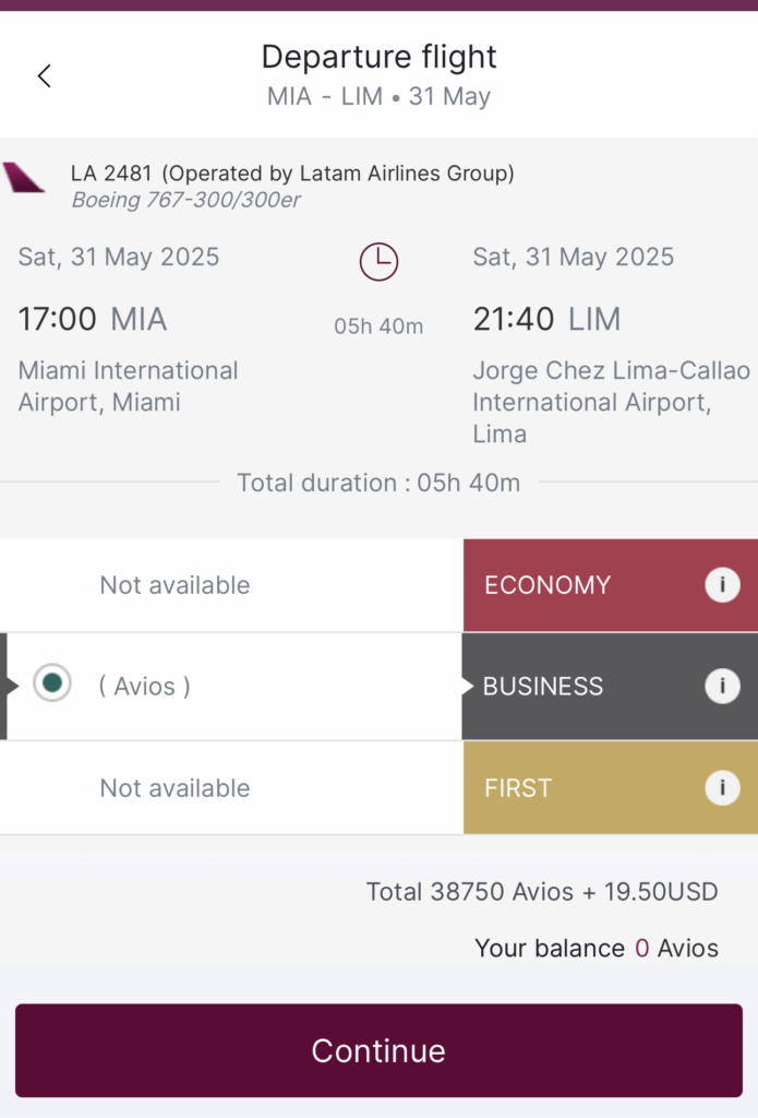 The image shows a flight booking screen from a mobile app. It details a departure flight from Miami International Airport (MIA) to Jorge Chavez Lima-Callao International Airport (LIM) on Saturday, 31 May 2025. The flight number is LA 2481, operated by Latam Airlines Group on a Boeing 767-300/300er. The departure time is 17:00, and the arrival time is 21:40, with a total duration of 5 hours and 40 minutes. The booking options show that Economy and First class are not available, while Business class can be booked using Avios. The total cost is 38,750 Avios plus 19.50 USD. The user's balance is 0 Avios. There is a "Continue" button at the bottom, and the website shown is qatarairways.com.