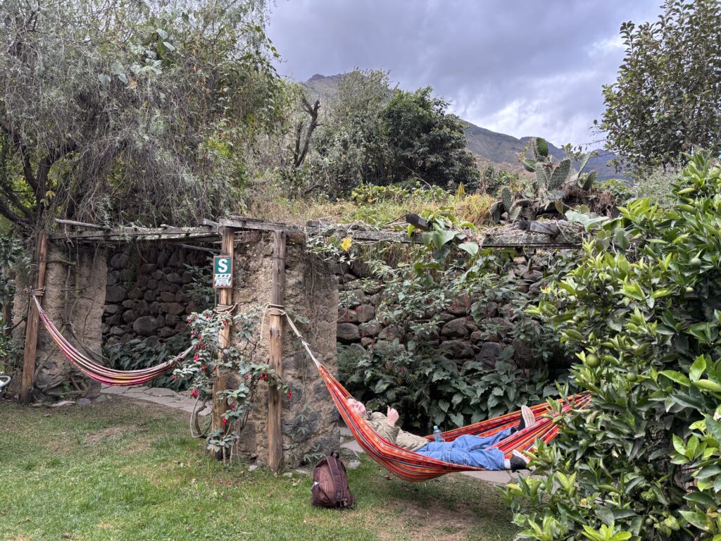 A person is relaxing in a colorful hammock in a lush garden setting. The hammock is tied between two wooden posts in front of a stone wall covered with greenery. There are trees and bushes surrounding the area, and a backpack is placed on the grass nearby. The sky is overcast, and there are mountains visible in the background.