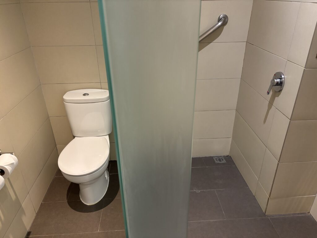 The image shows a bathroom with a toilet on the left side and a shower area on the right. The shower area has a glass partition and a metal grab bar on the wall. There is a toilet paper holder with a roll of toilet paper next to the toilet. The floor is tiled in a dark color, and the walls are tiled in a lighter shade.