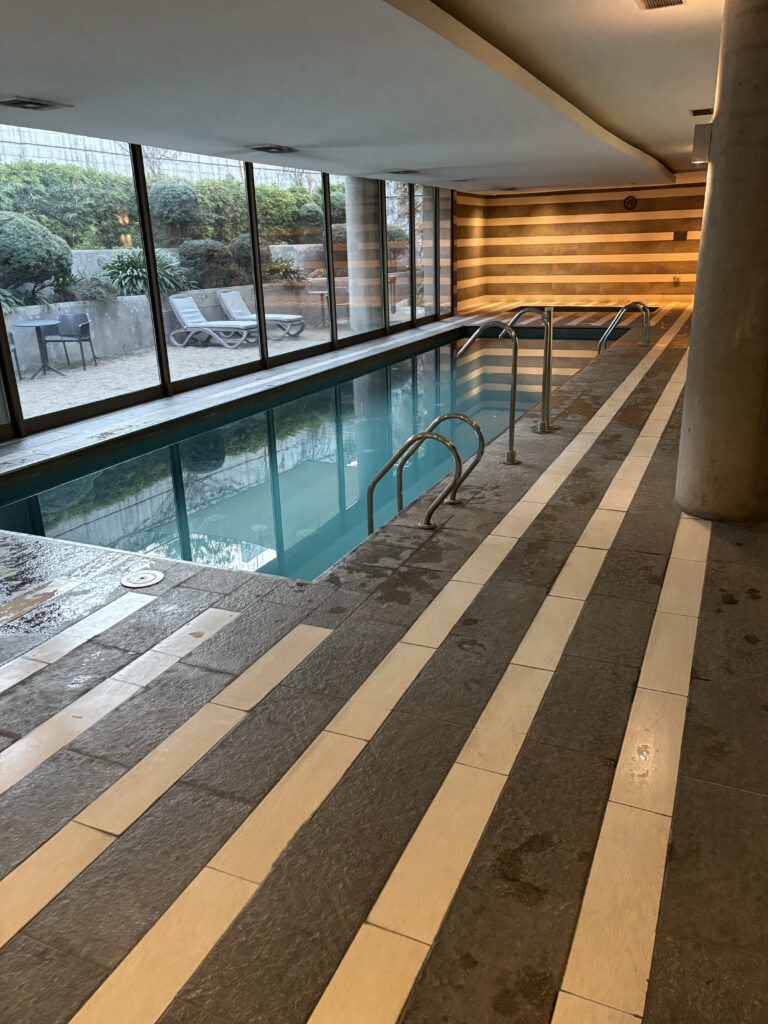 The image shows an indoor swimming pool with a modern design. The pool is narrow and rectangular, with metal handrails leading into the water. The floor around the pool is tiled with alternating dark and light stripes. Large windows on one side provide a view of an outdoor area with lounge chairs and greenery. The ceiling is white, and the walls have a striped pattern.