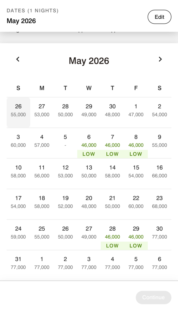 The image shows a calendar for May 2026, displaying nightly rates in points for a hotel booking. Each date has a corresponding number of points required, with some dates highlighted in green indicating "LOW" rates of 46,000 points. The calendar is part of a booking interface, with options to edit the dates and continue with the booking. The website shown is marriott.com.