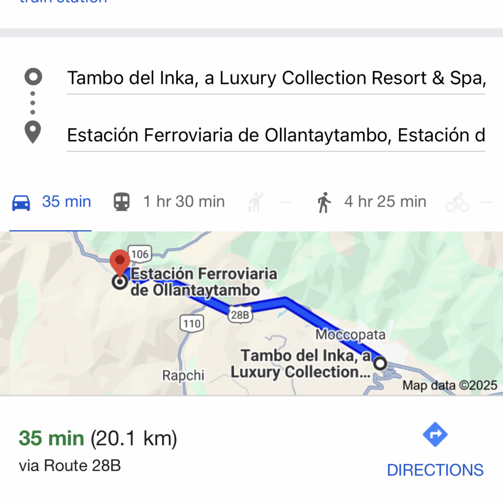 The image shows a Google search results page on a mobile device for the query "drive from tambo del inca to ollantaytambo train station." It displays a map with a route highlighted from Tambo del Inka, a Luxury Collection Resort & Spa, to Estación Ferroviaria de Ollantaytambo. The driving time is shown as 35 minutes for a distance of 20.1 km via Route 28B. Other travel options include a bus taking 1 hour 30 minutes and walking taking 4 hours 25 minutes. The time is 9:31, and the battery is at 86%.