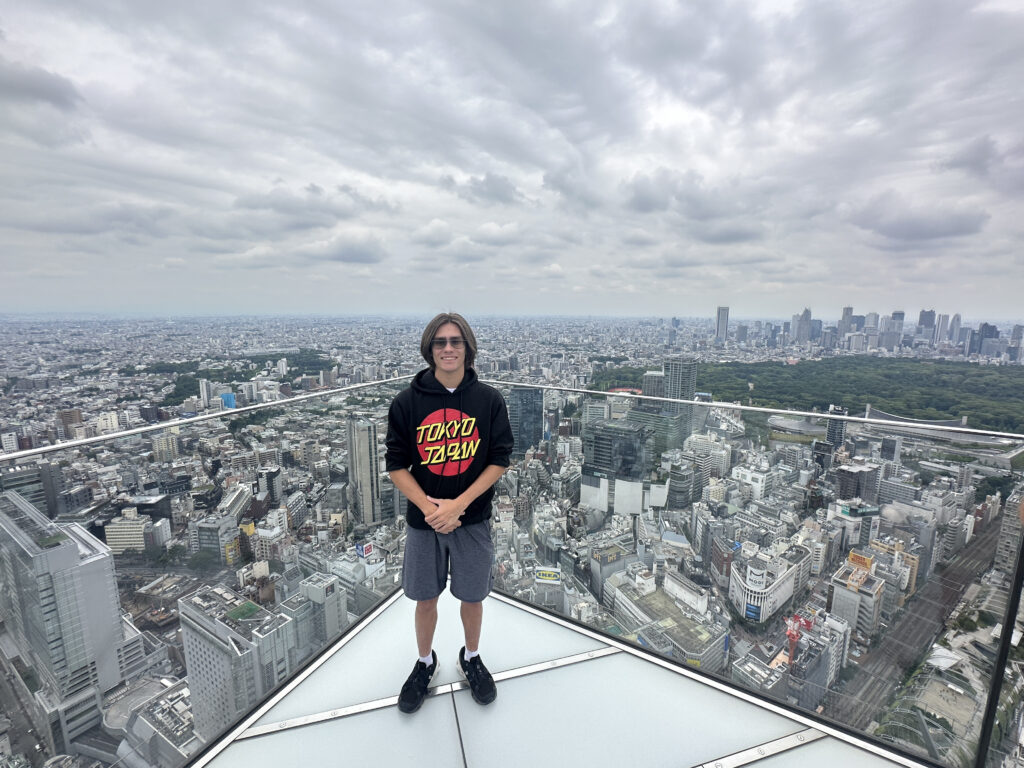 A person is standing on a rooftop observation deck overlooking a vast cityscape. The individual is wearing sunglasses, a black hoodie with "Tokyo" written on it, and shorts. The background features a sprawling urban landscape with numerous buildings and a cloudy sky.