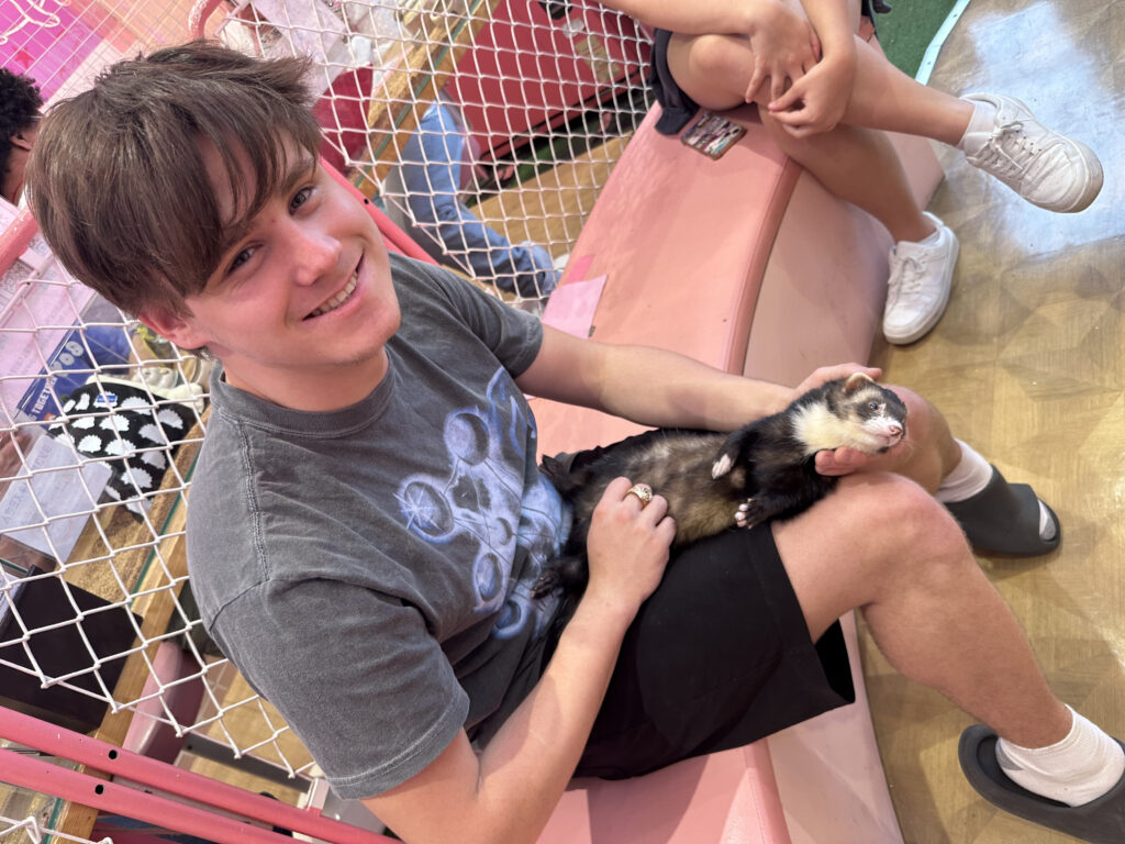 A person is sitting on a pink bench, smiling at the camera while holding a ferret on their lap. The person is wearing a gray t-shirt and black shorts. Another person is sitting nearby, with only their legs visible, wearing white sneakers. The background includes a netted fence and some colorful elements.