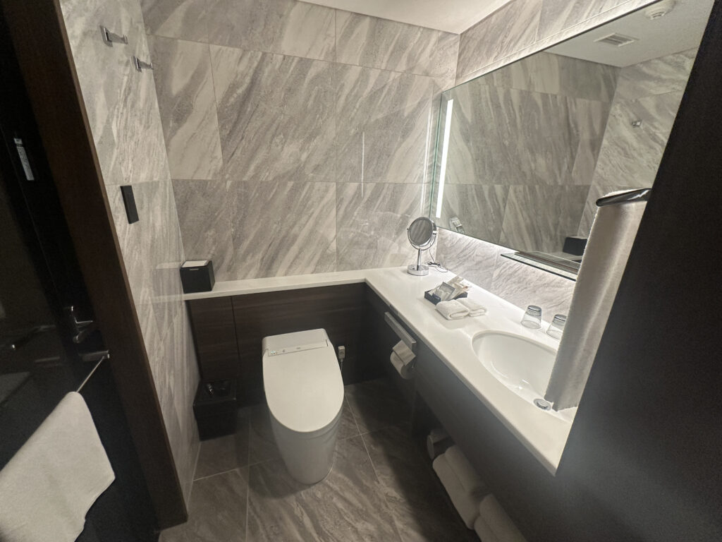 The image shows a modern bathroom with gray marble walls and floor tiles. There is a toilet on the left side and a large mirror above a white countertop on the right. The countertop has a sink, a small round mirror, a box of tissues, and two glasses. A towel is hanging on a rack beside the sink. The bathroom has a sleek and clean design.