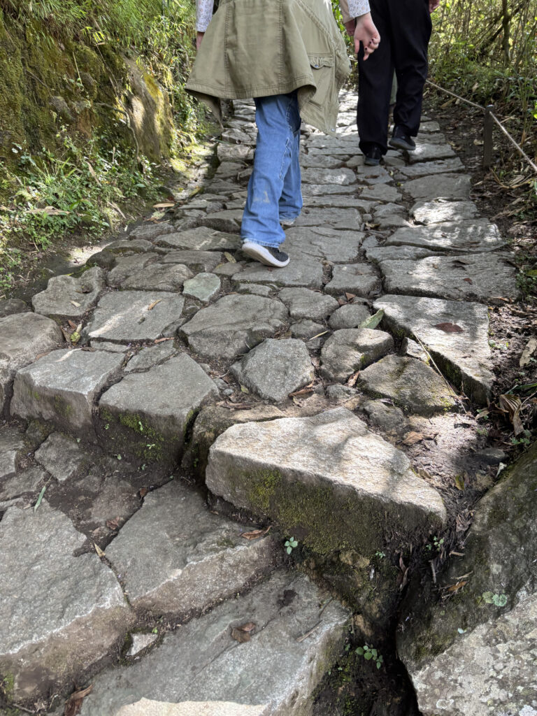 A stone pathway with uneven, moss-covered rocks is shown. Two people are walking on the path, one wearing blue jeans and a green jacket, and the other in black pants. The path is surrounded by greenery and a rope barrier on the right side.