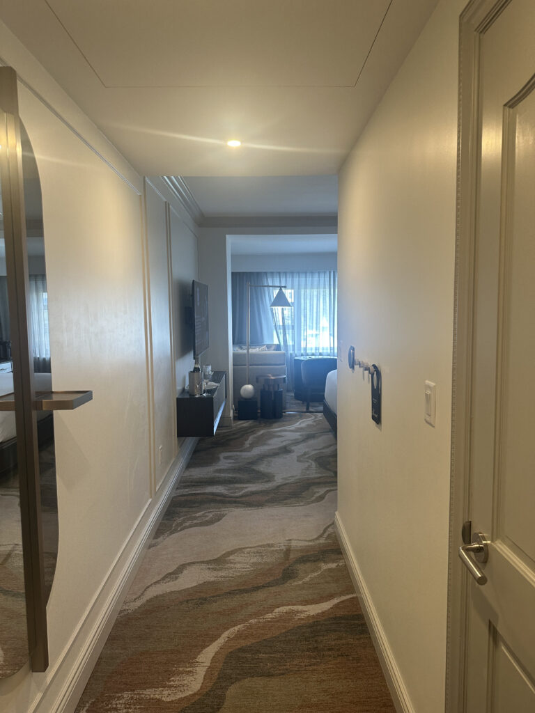 A hotel room hallway with a patterned carpet leading to a bedroom area. On the left, there is a wall-mounted TV and a shelf with a bottle and glasses. The room is well-lit with natural light coming through large windows covered by sheer curtains. A bed and a chair are visible in the distance.