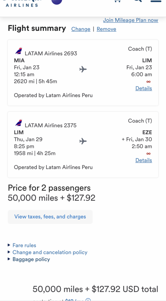 The image is a screenshot of a flight summary from Alaska Airlines. It shows details for two flights operated by LATAM Airlines. The first flight is from Miami (MIA) to Lima (LIM) on January 23, departing at 12:15 am and arriving at 6:00 am, covering 2620 miles in 5 hours and 45 minutes. The second flight is from Lima (LIM) to Buenos Aires (EZE) on January 29, departing at 8:25 pm and arriving on January 30 at 2:50 am, covering 1958 miles in 4 hours and 25 minutes. The price for two passengers is 50,000 miles plus $127.92. There are options to view taxes, fees, and charges, as well as links to fare rules, change and cancellation policy, and baggage policy.