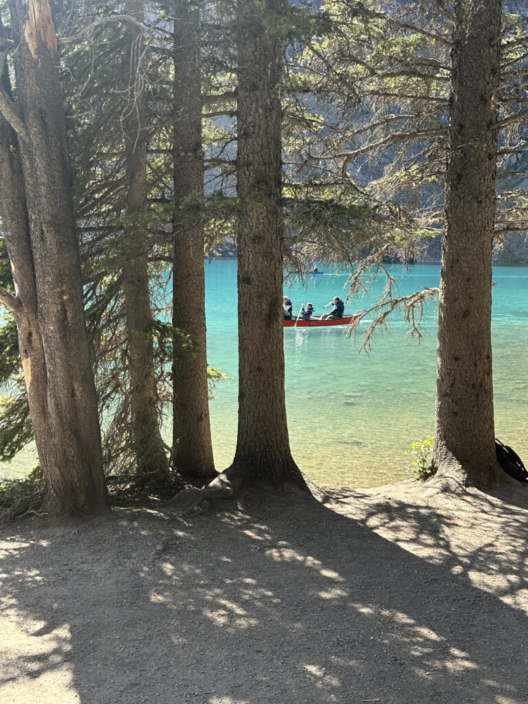 A serene scene of a turquoise lake is visible through a row of tall trees. In the background, a red canoe with several people is floating on the water. The sunlight filters through the branches, casting shadows on the ground.