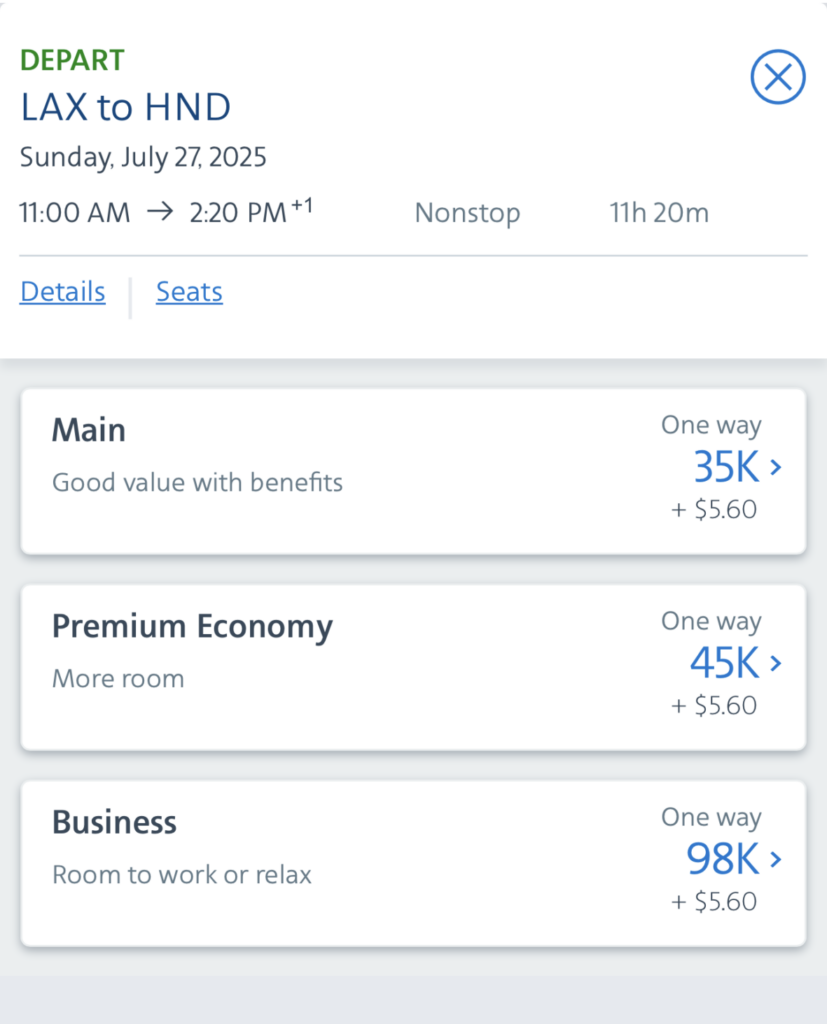 The image shows a flight booking screen on a mobile device. It details a flight from LAX to HND on Sunday, July 27, 2025, departing at 11:00 AM and arriving at 2:20 PM the next day. The flight is nonstop and lasts 11 hours and 20 minutes. There are three fare options: Main (35K miles + $5.60), Premium Economy (45K miles + $5.60), and Business (98K miles + $5.60). Each option includes a brief description of the benefits. The screen also shows the time as 4:04 and the website aa.com in the browser bar.