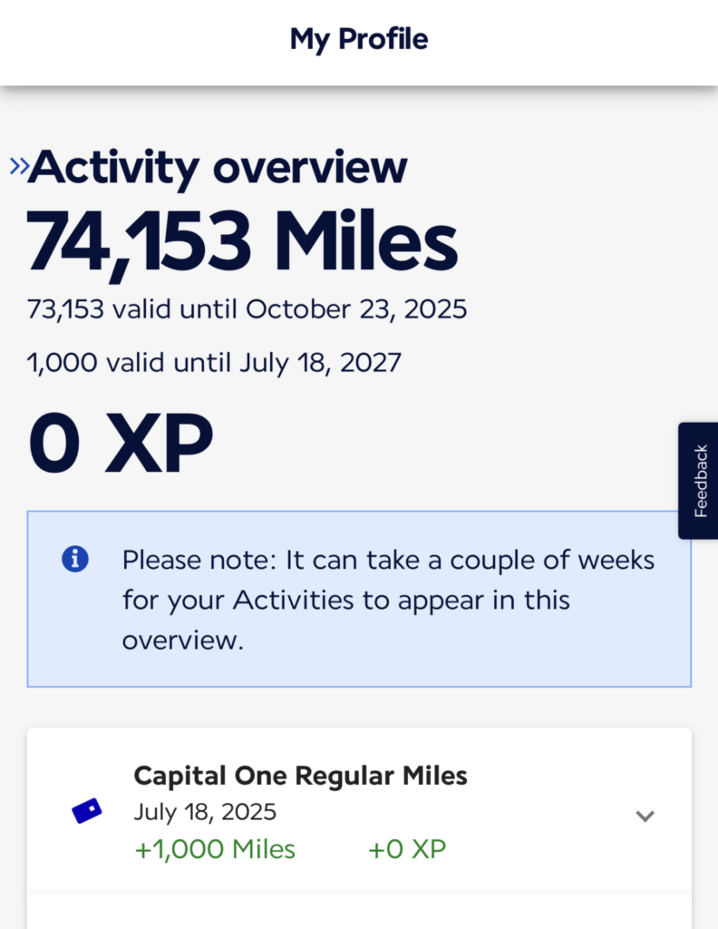 The image is a screenshot of an Air France account activity overview. It shows a total of 74,153 miles, with 73,153 miles valid until October 23, 2025, and 1,000 miles valid until July 18, 2027. The account has 0 XP. There is a note indicating that it can take a couple of weeks for activities to appear in the overview. Below, there are details of "Capital One Regular Miles" with +1,000 miles and +0 XP dated July 18, 2025, and "Surplus XP available on the XP counter" with +0 miles and +0 XP dated November 1, 2024. The Air France logo and navigation options are visible at the top, and the website URL is shown at the bottom.