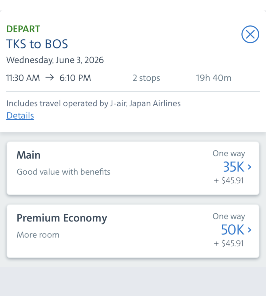 The image shows a flight booking screen on a mobile device. It details a flight from TKS to BOS on Wednesday, June 3, 2026, departing at 11:30 AM and arriving at 6:10 PM with two stops, taking a total of 19 hours and 40 minutes. The flight is operated by J-air, Japan Airlines. There are two fare options: "Main" with "Good value with benefits" for 35K points plus $45.91, and "Premium Economy" with "More room" for 50K points plus $45.91. The time on the device is 8:39, and the website shown is aa.com.