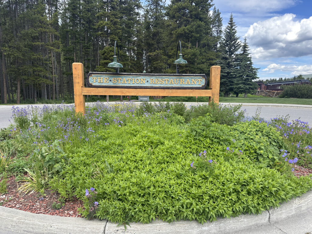 A wooden sign reading "The Station Restaurant" is displayed in a landscaped area with lush green plants and purple flowers. The background features a forest of tall pine trees under a partly cloudy sky.