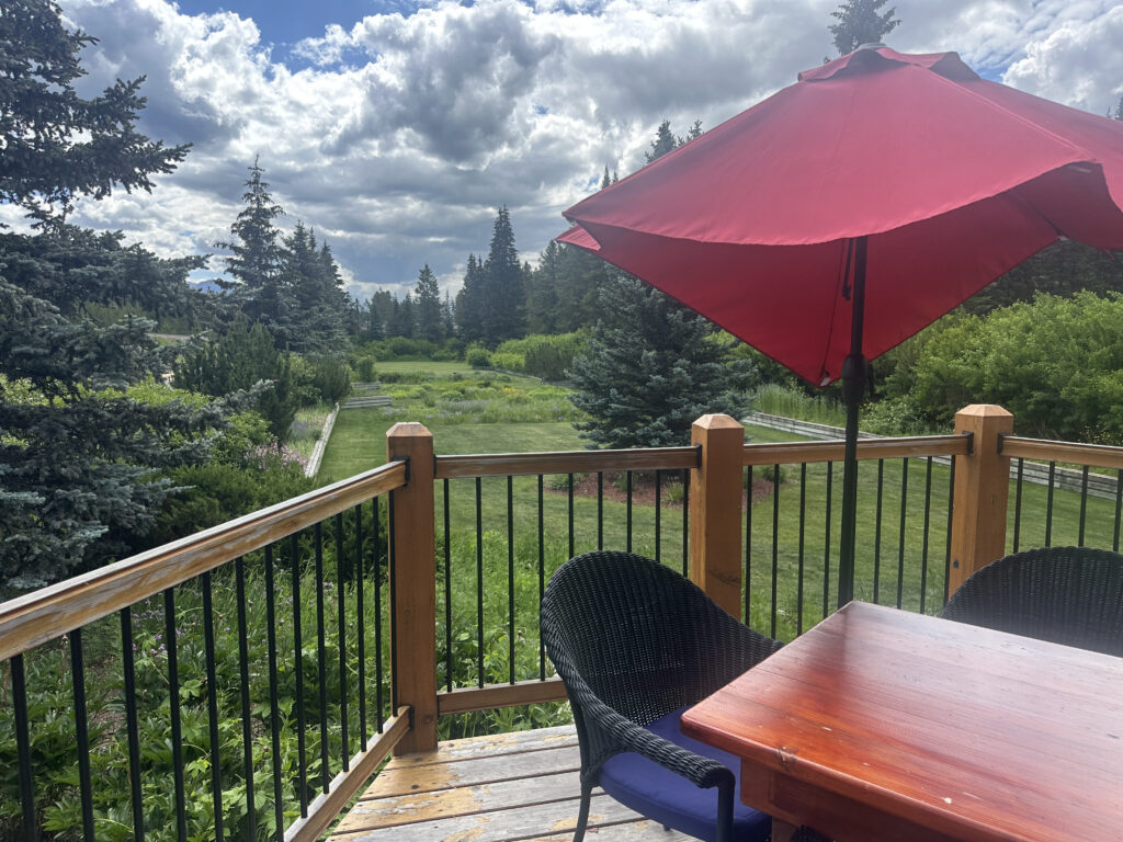 A wooden deck with a table and two chairs is shown, featuring a large red patio umbrella. The deck overlooks a lush green garden with trees and shrubs. The sky is partly cloudy, creating a serene outdoor setting.