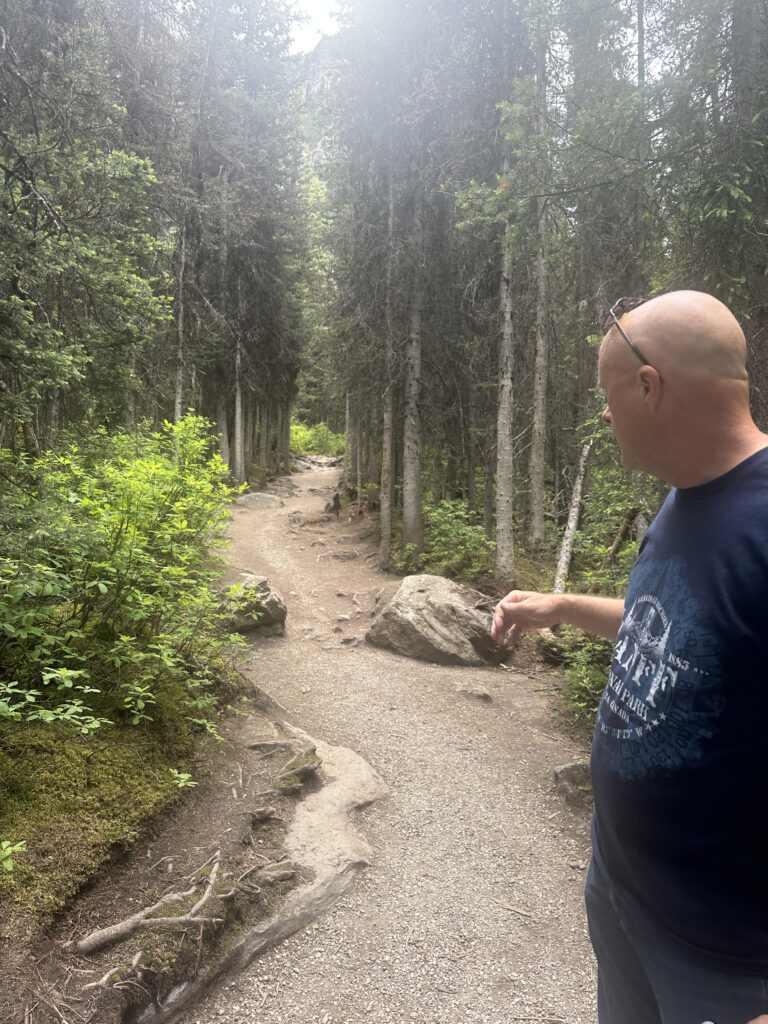 A person is standing on a forest trail, looking towards the path. The trail is surrounded by tall trees and greenery, with rocks and roots visible on the ground. The person is wearing a dark blue shirt and sunglasses on their head. The scene is peaceful and natural.