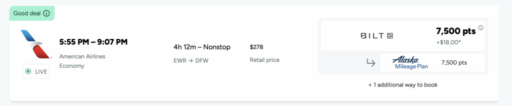 This image shows a flight booking summary for an American Airlines flight. The flight departs at 5:55 PM and arrives at 9:07 PM, with a duration of 4 hours and 12 minutes, and is nonstop from EWR (Newark) to DFW (Dallas/Fort Worth). The retail price is $278. It is labeled as a "Good deal" and is currently live. The flight can be booked using 7,500 points through the Alaska Mileage Plan, with an additional cost of $18. There is also one additional way to book.