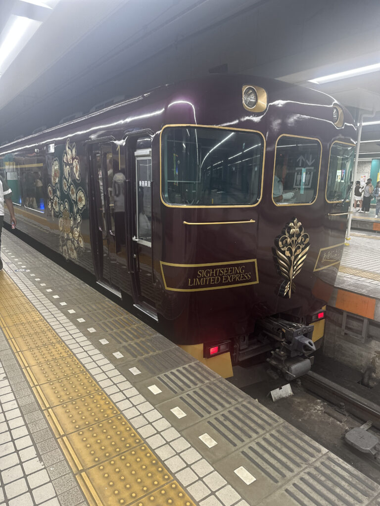 A maroon-colored train with gold accents is stationed at a platform. The train has "Sightseeing Limited Express" written on it and features decorative floral designs on the side. The platform has tactile paving for accessibility, and a few people are visible in the background. The setting appears to be an indoor train station.