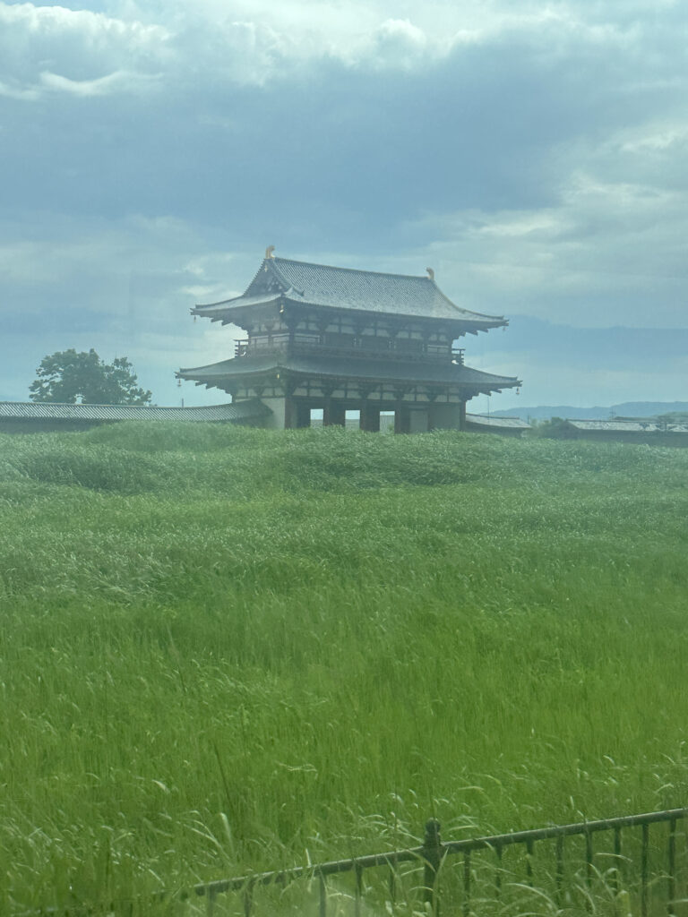 A traditional Japanese-style building with a curved roof is situated in the middle of a lush green field. The sky above is cloudy, creating a serene and peaceful atmosphere.