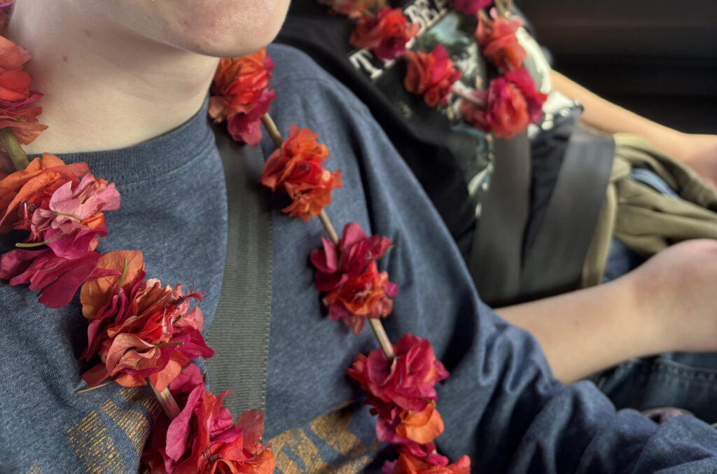 Two people are sitting in a car wearing red flower leis. The person in the foreground is smiling widely, while the person in the background has a more neutral expression. The car window shows a view of trees and other vehicles outside.