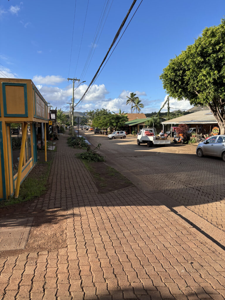 A street scene in a small town with a clear blue sky. The foreground shows a brick-paved sidewalk and road. On the left, there is a building with a yellow and green facade. On the right, there are several parked vehicles, including a white truck. Trees and palm trees are visible, and there are mountains in the background. The scene is well-lit with sunlight.