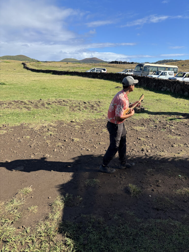 A person wearing a floral shirt and cap is playing a ukulele in an open grassy field. There are several vehicles parked along a stone wall in the background, with rolling hills and a partly cloudy sky.