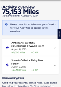 The image is a screenshot of an Air France mobile app or website showing a user's profile with an activity overview. It displays a total of 75,153 miles valid until August 11, 2027. There are details of miles earned from "American Express Membership Reward Miles" and "Share & Collect - Flying Blue Family," with respective dates and amounts. A note mentions that activities may take a couple of weeks to appear. There is also a section about claiming missing miles. The time on the device is 3:16, and the URL is wwws.airfrance.us.
