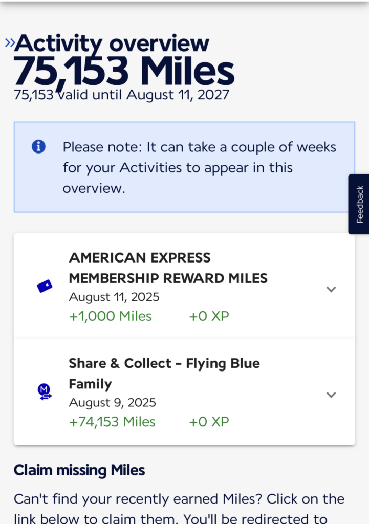 The image is a screenshot of an Air France mobile app or website showing a user's profile with an activity overview. It displays a total of 75,153 miles valid until August 11, 2027. There are details of miles earned from "American Express Membership Reward Miles" and "Share & Collect - Flying Blue Family," with respective dates and amounts. A note mentions that activities may take a couple of weeks to appear. There is also a section about claiming missing miles. The time on the device is 3:16, and the URL is wwws.airfrance.us.