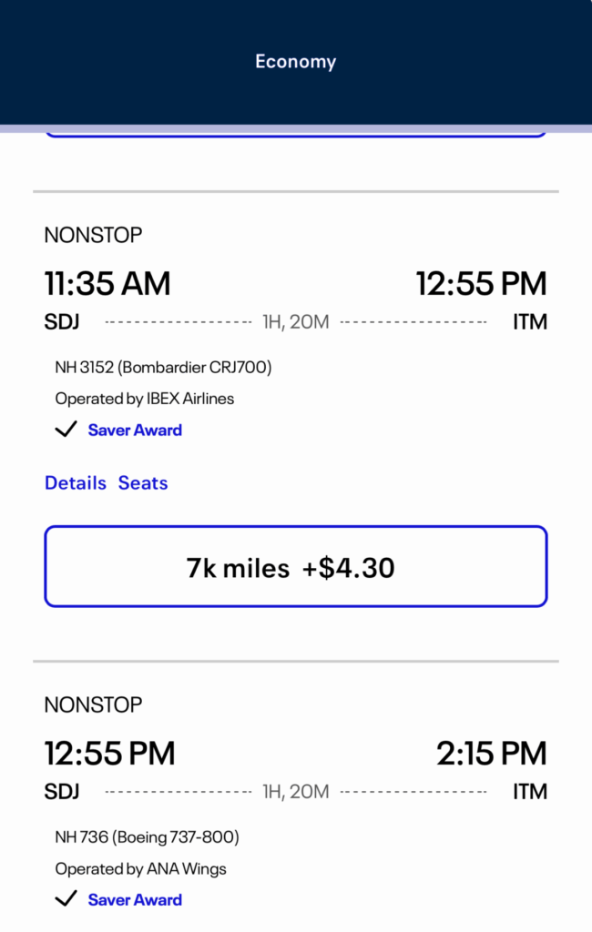 The image shows a mobile screen displaying flight options from an airline app. It includes two nonstop flights from SDJ to ITM. The first flight departs at 11:35 AM and arrives at 12:55 PM, operated by IBEX Airlines on a Bombardier CRJ700. The second flight departs at 12:55 PM and arrives at 2:15 PM, operated by ANA Wings on a Boeing 737-800. Both flights are Saver Award options, with the first costing 7,000 miles plus $4.30. The screen also shows the time as 9:28 and has a navigation bar at the top.