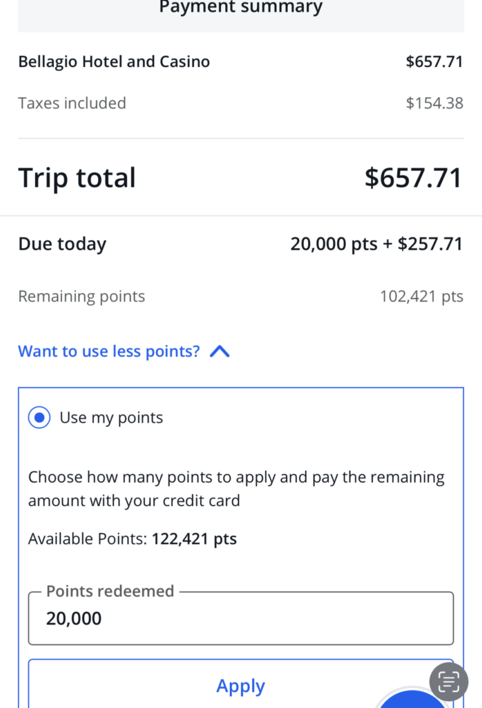 The image shows a payment summary for a booking at the Bellagio Hotel and Casino. The total cost is $657.71, with taxes included at $154.38. The trip total is $657.71, and the amount due today is 20,000 points plus $257.71. The user has 122,421 available points and has chosen to redeem 20,000 points. There is an option to apply the points and pay the remaining amount with a credit card. The interface includes options to share, favorite, get information, and adjust settings.