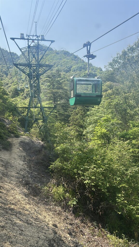 The image shows a green cable car suspended on a cableway, moving through a lush, green forested area. The cable car is attached to a metal support structure, and the background features a clear blue sky and tree-covered hills.