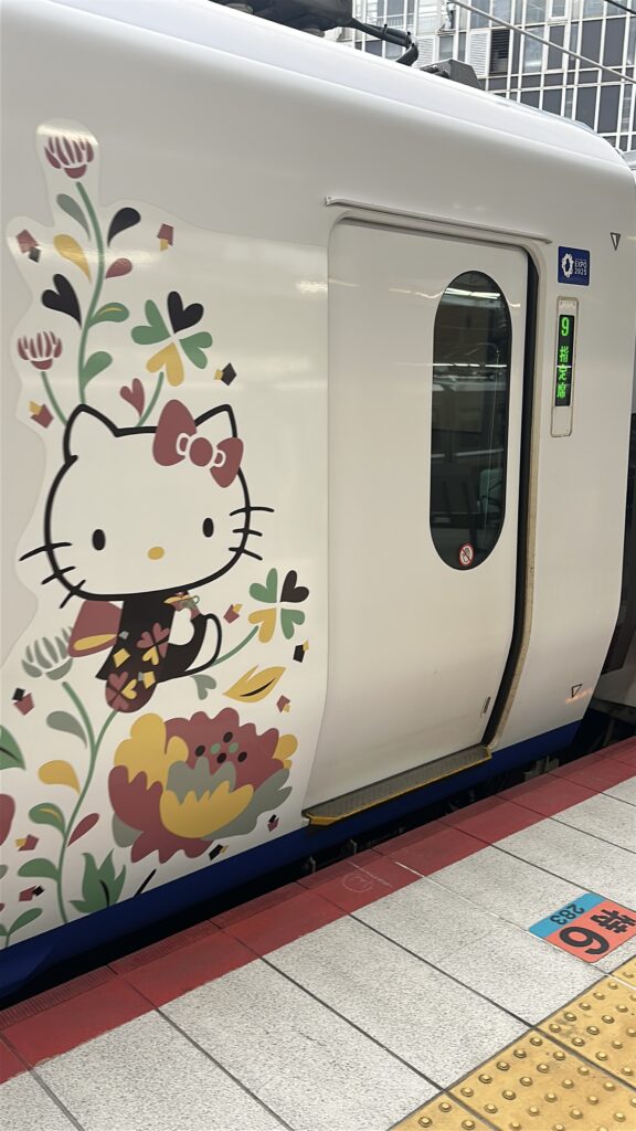 The image shows a train with a colorful design featuring a cartoon character with a bow on its head, surrounded by floral patterns. The train door is visible, and there is a platform with tactile paving and markings indicating platform number 9.
