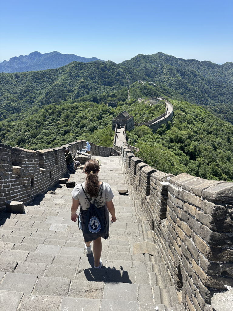 A person with a backpack is walking down a stone pathway on the Great Wall of China. The wall stretches into the distance, surrounded by lush green mountains under a clear blue sky.