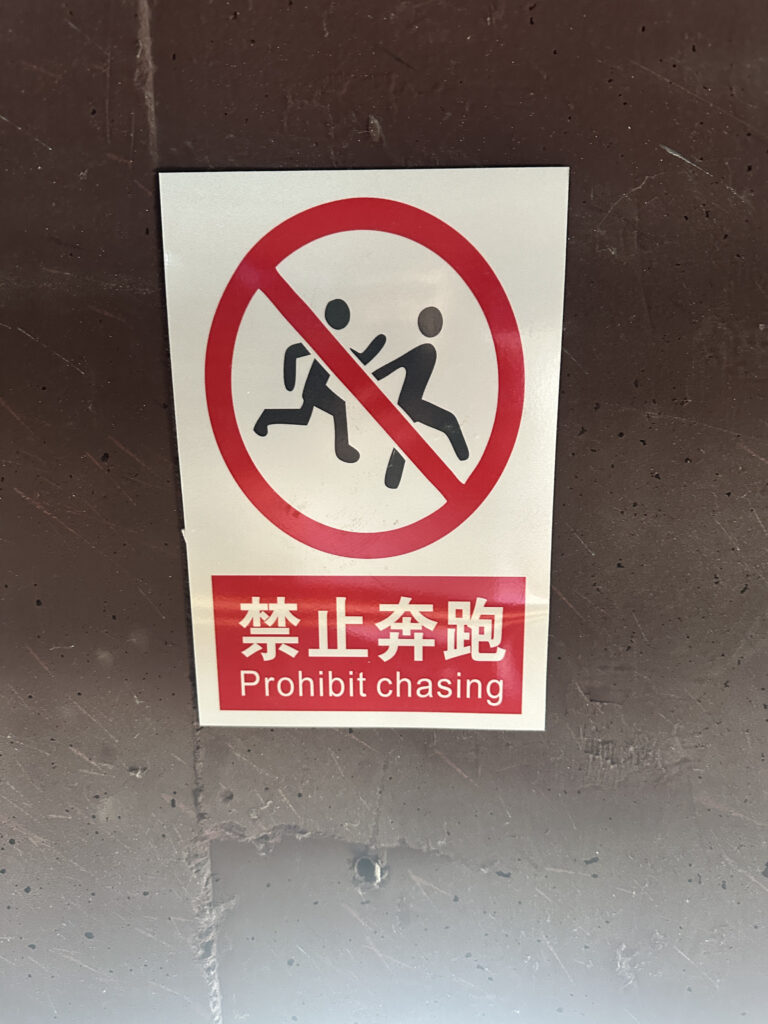 The image shows a sign with a red circle and a diagonal line crossing out two stick figures running, indicating no chasing is allowed. Below the symbol, there is text in both Chinese and English that reads "Prohibit chasing." The sign is mounted on a dark surface.