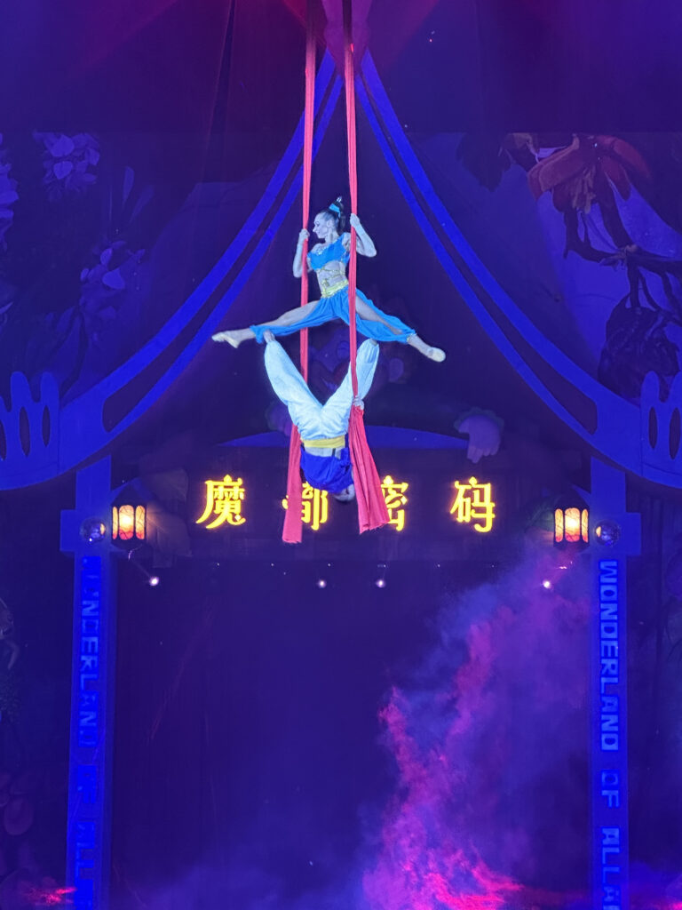 Aerial performers are suspended in the air using red silks. One performer is doing a split while holding onto the silks, and the other is hanging upside down. The background is dark with colorful lighting, and there are illuminated signs with text in both English and another language. The atmosphere is theatrical and dramatic.