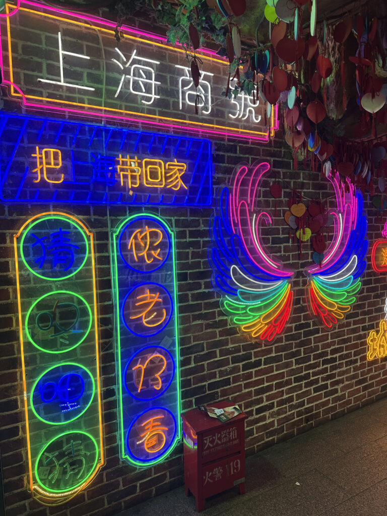 The image shows a brick wall adorned with colorful neon signs in Chinese characters. The signs are in various colors, including pink, blue, yellow, and green. There are also neon designs resembling wings. Hanging from the ceiling are numerous heart-shaped decorations. A red fire extinguisher box is visible at the bottom of the wall.