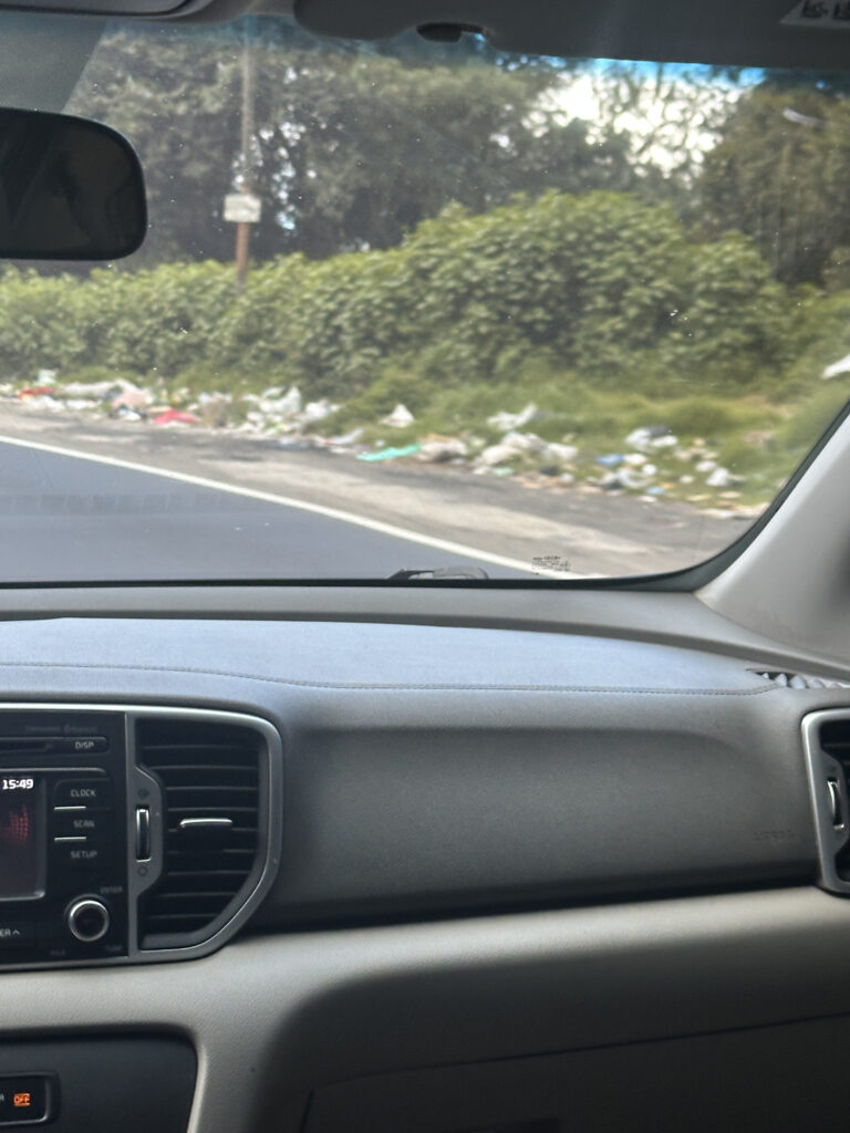 The image shows the interior of a car, focusing on the dashboard and part of the windshield. Outside the car, there is a view of a road with a grassy area on the side, which is littered with trash. In the background, there are dense green bushes and trees.