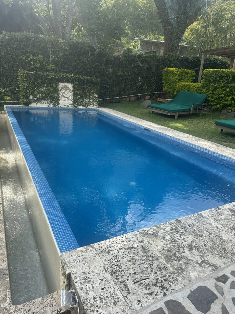 A rectangular swimming pool with clear blue water is surrounded by a stone deck. There are two green lounge chairs on a grassy area to the right, and a tall hedge and trees provide a natural backdrop. A decorative wall with greenery is at the far end of the pool.