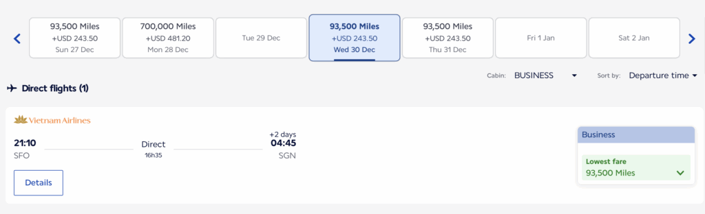 This image shows a flight booking interface for Vietnam Airlines. It displays options for direct flights from San Francisco (SFO) to Ho Chi Minh City (SGN). The selected flight departs at 21:10 and arrives at 04:45 after 16 hours and 35 minutes, with a +2 days time difference. The fare is 93,500 miles plus USD 243.50. The cabin class is Business, and the lowest fare is highlighted. The date selected is Wednesday, December 30.