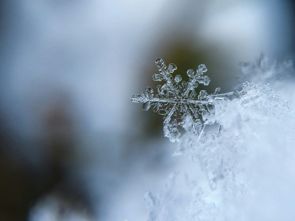 Close-up of a single snowflake resting on a bed of snow, showcasing its intricate and delicate crystalline structure against a blurred background.