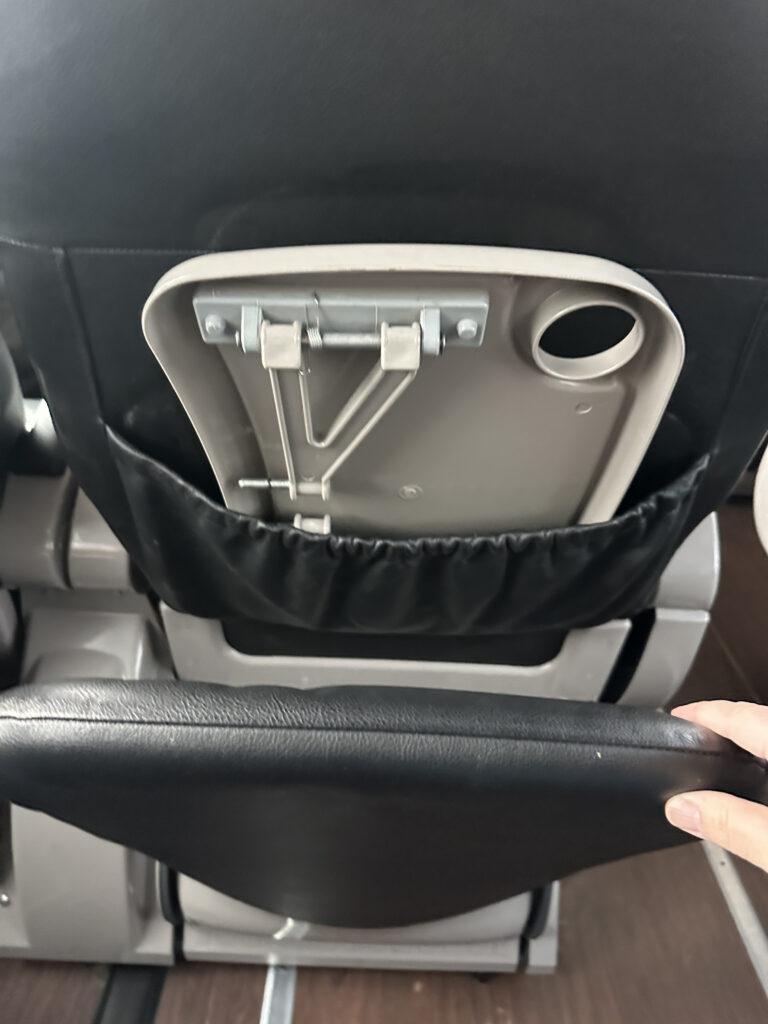 The image shows the back of an airplane seat with a folded tray table. The tray table is in the upright position, attached to the back of the seat, and has a circular indentation for holding a cup. A hand is visible, holding the armrest of the seat in front. The seat is upholstered in black material.