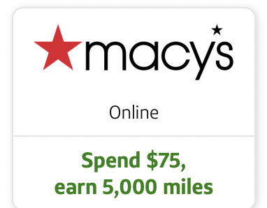The image shows a promotional offer from Macy's. It features the Macy's logo with a red star, the word "Online" below it, and a message that reads "Spend $75, earn 5,000 miles" in green text.